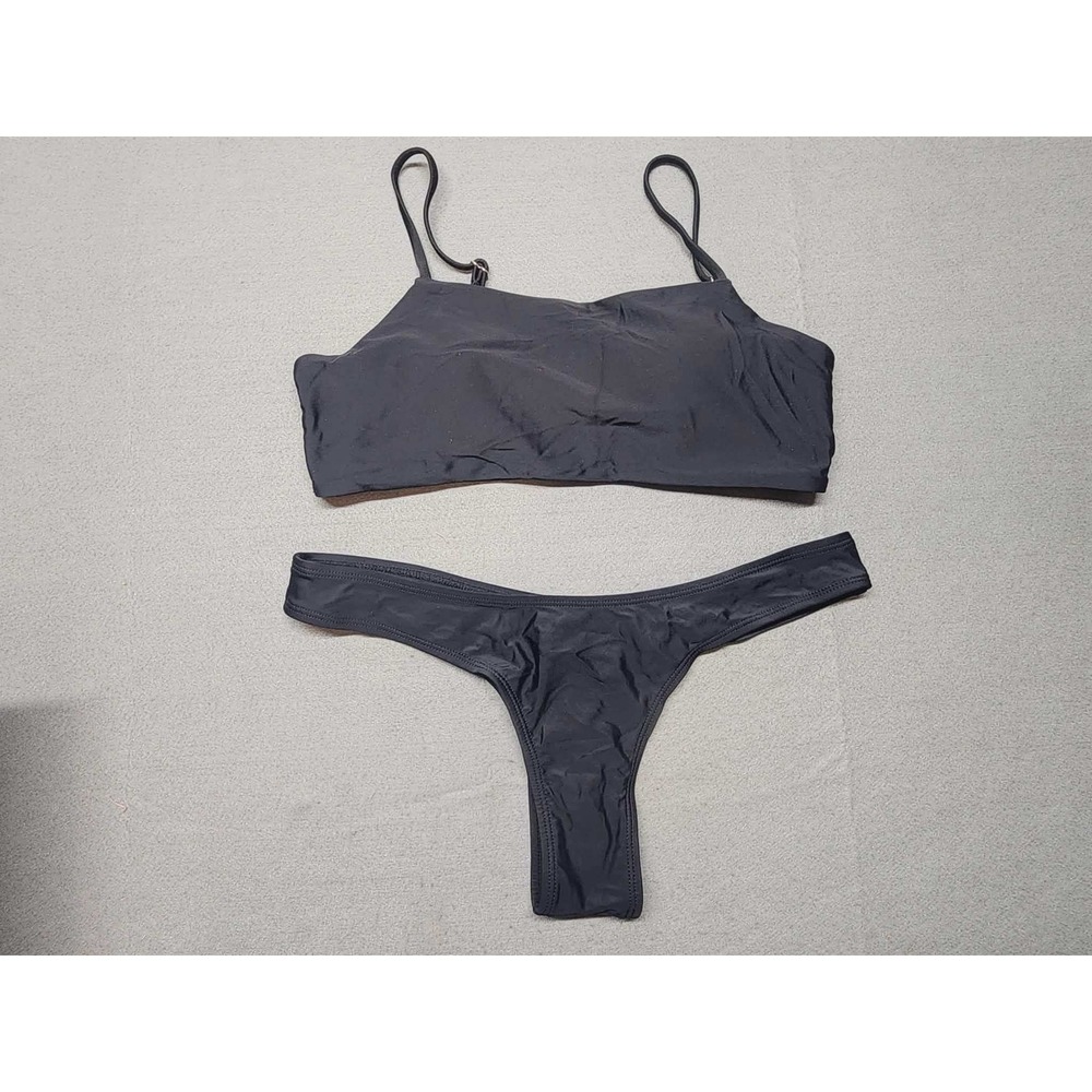 Womens Black Square Neck Bikini Set Medium Two Piece Thong Swimsuit High Cut